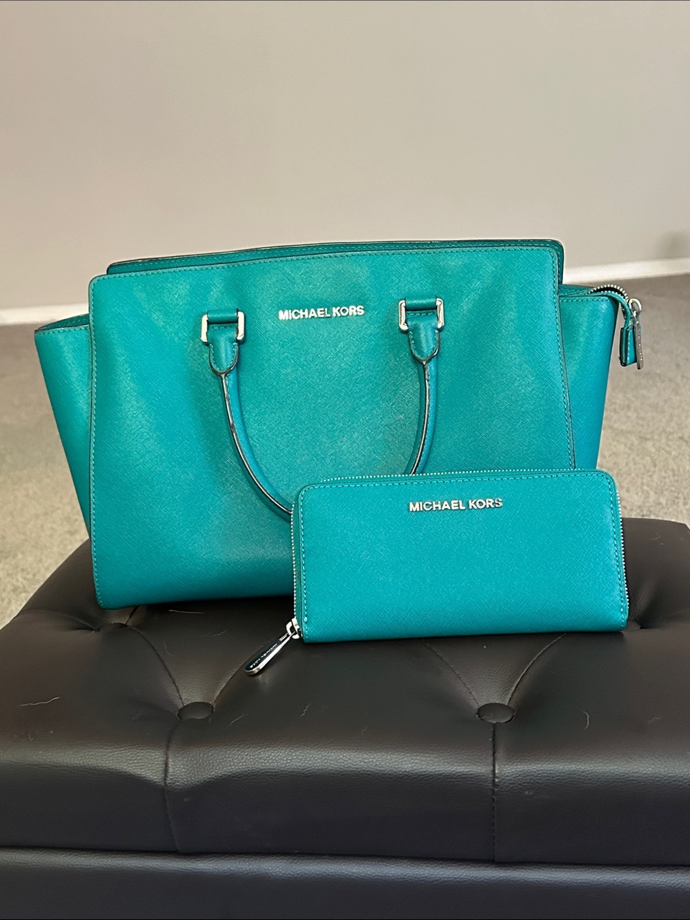 Michael Kors Teal Saffiano Satchel with Matching Wallet